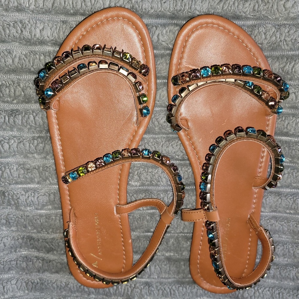 Anthropologie‎ Brown Strappy Rhinestone Jewel Sandals, 10M Multi Colored
